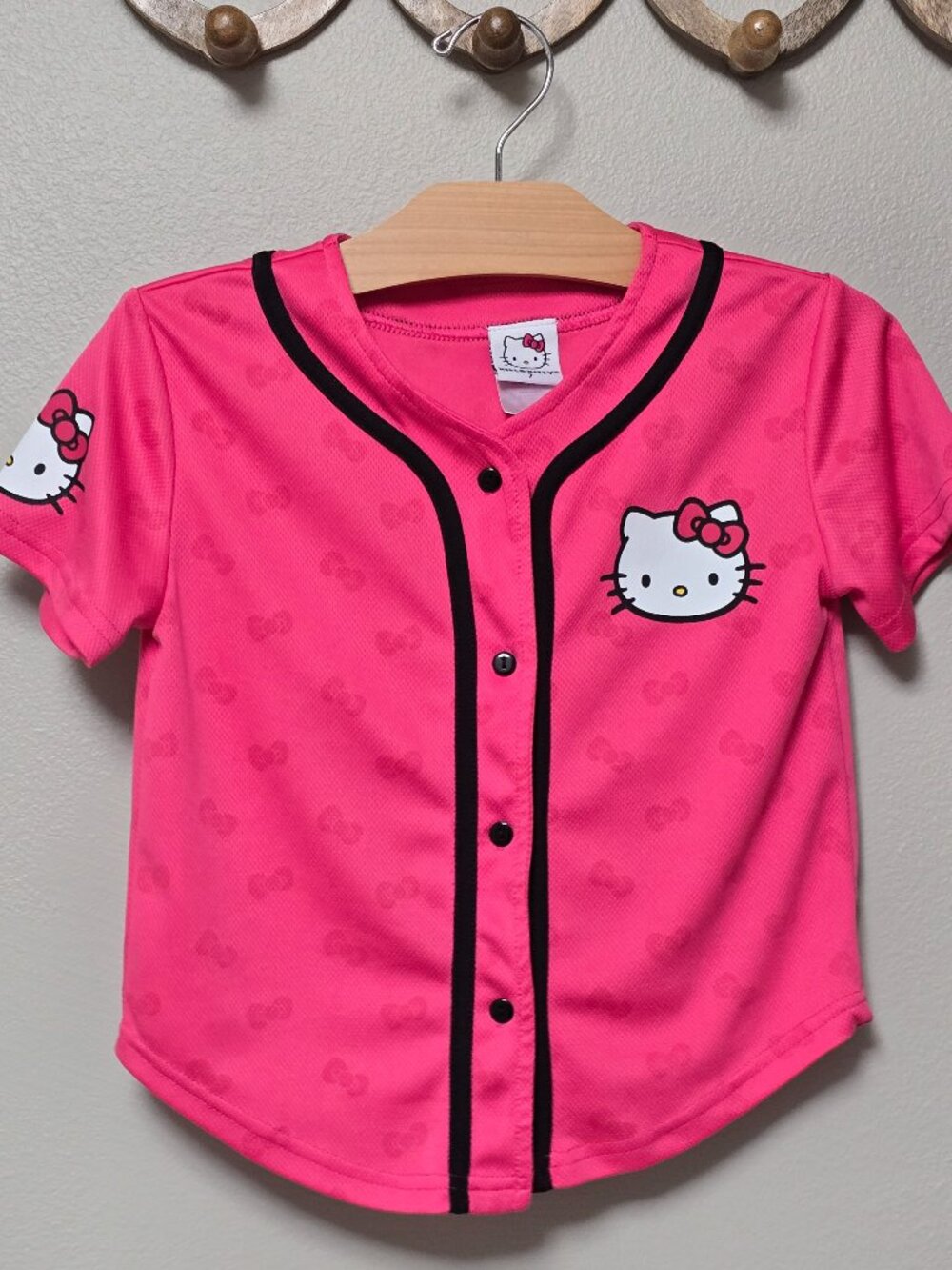 Hello Kitty Girls Baseball Jersey Shirt Pink Bow Print Button Front Size 7